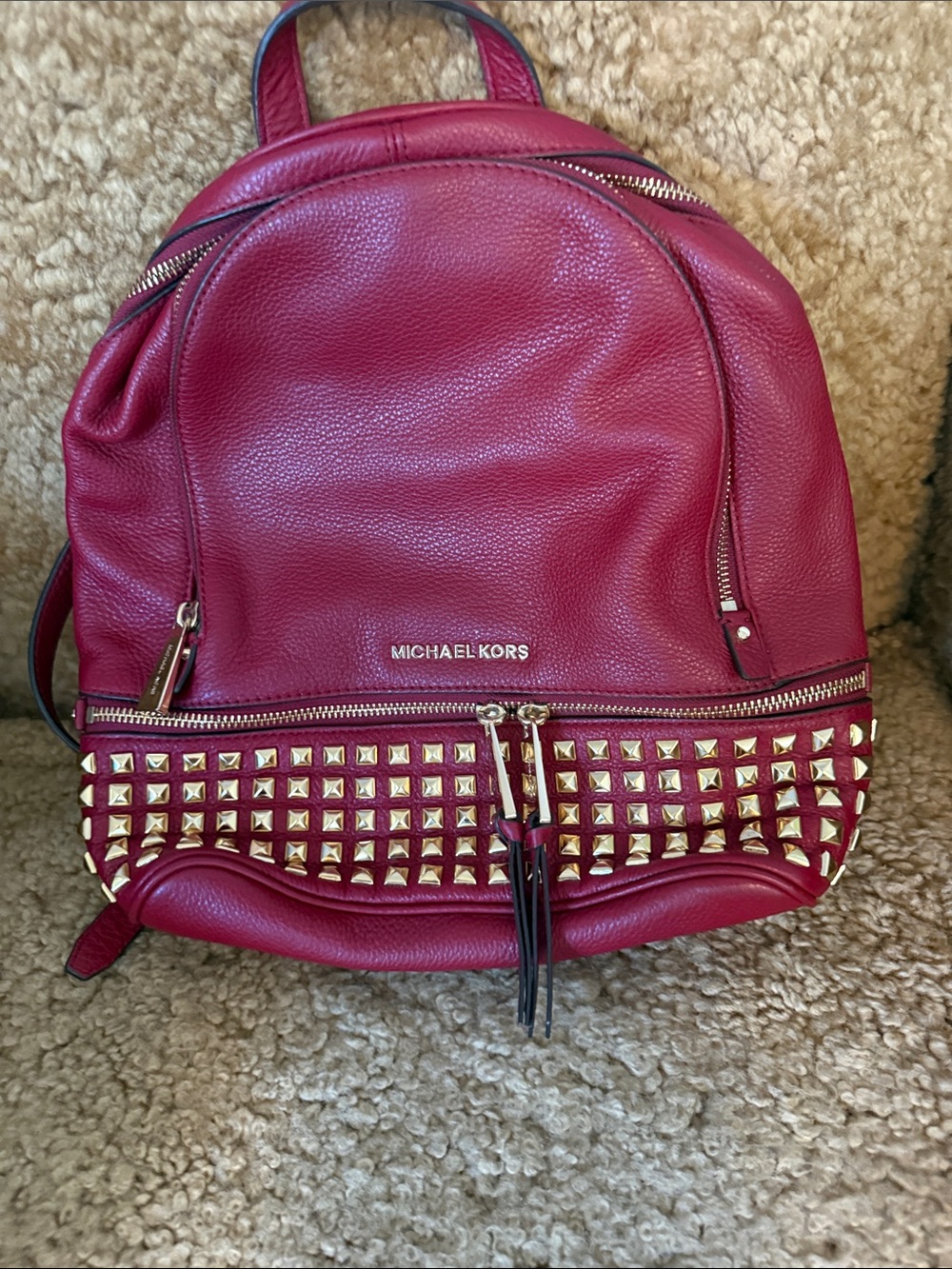 Michael Kors Burgundy Leather Studded Backpack - Picture 3 of 4